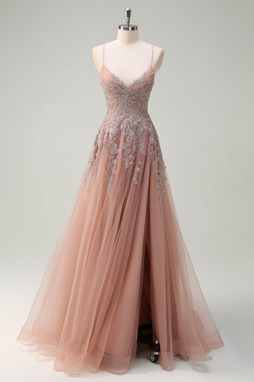 Blush A Line Lace Up Back Beaded Appliqued Long Prom Dress with Slit